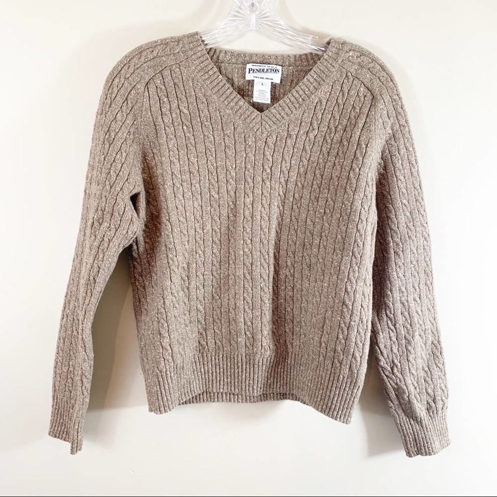 Pendleton Marled Brown Wool Blend Cable Knit V-Ne… - image 1